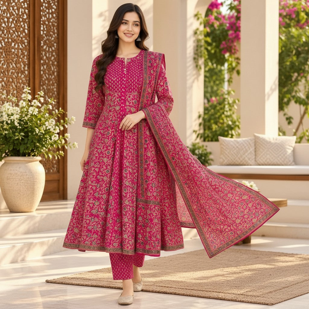 Rani Pink Floral Printed Kurti Set