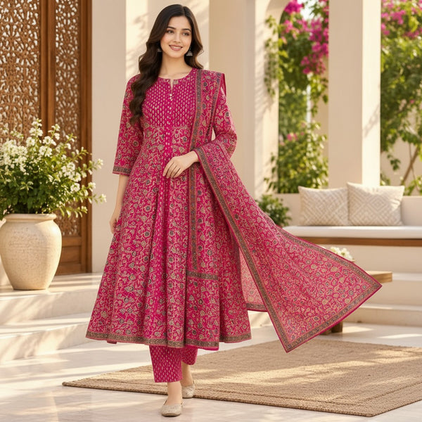 Rani Pink Floral Printed Kurti Set
