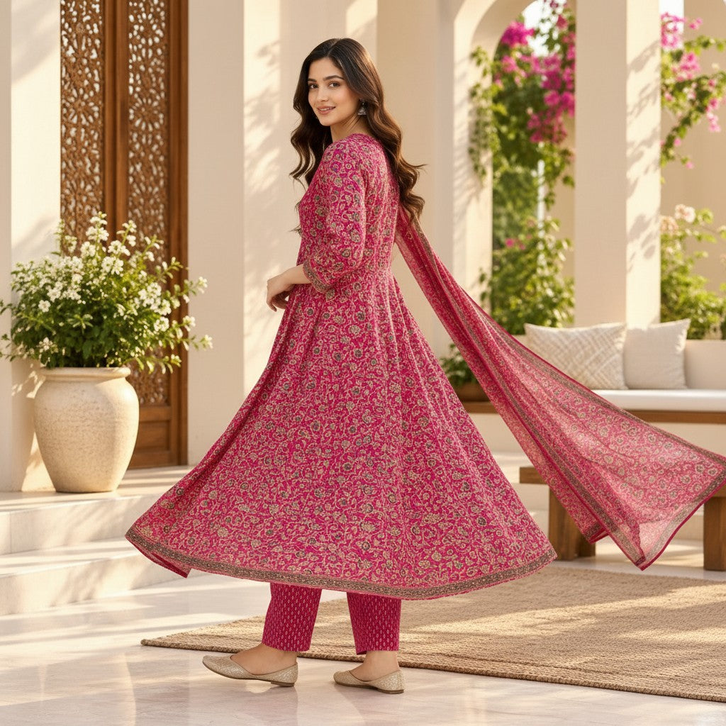 Rani Pink Floral Printed Kurti Set