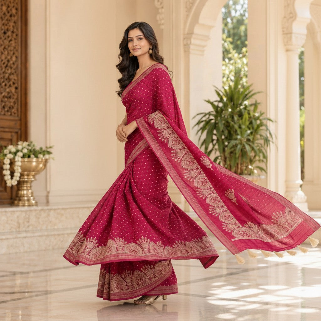 Rich Magenta Embroidered Saree with Traditional Cream-Gold Border