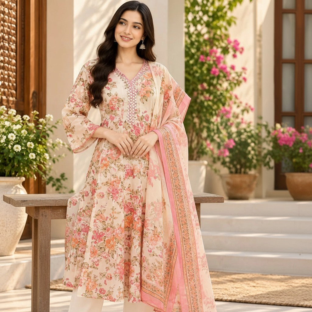 Pastel Floral Printed Kurti Set