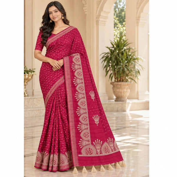 Rich Magenta Embroidered Saree with Traditional Cream-Gold Border