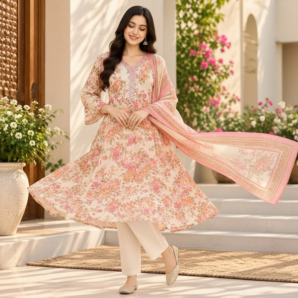 Pastel Floral Printed Kurti Set