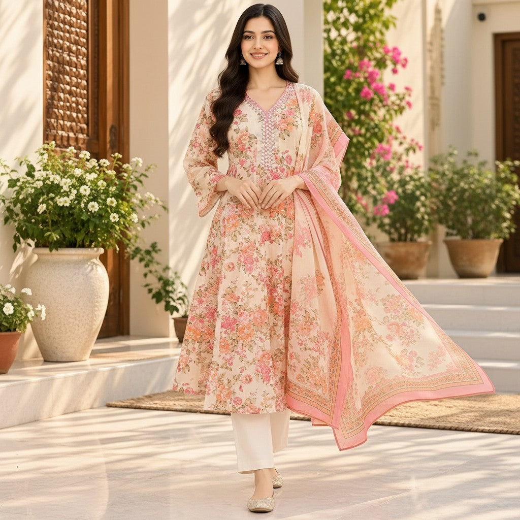 Pastel Floral Printed Kurti Set