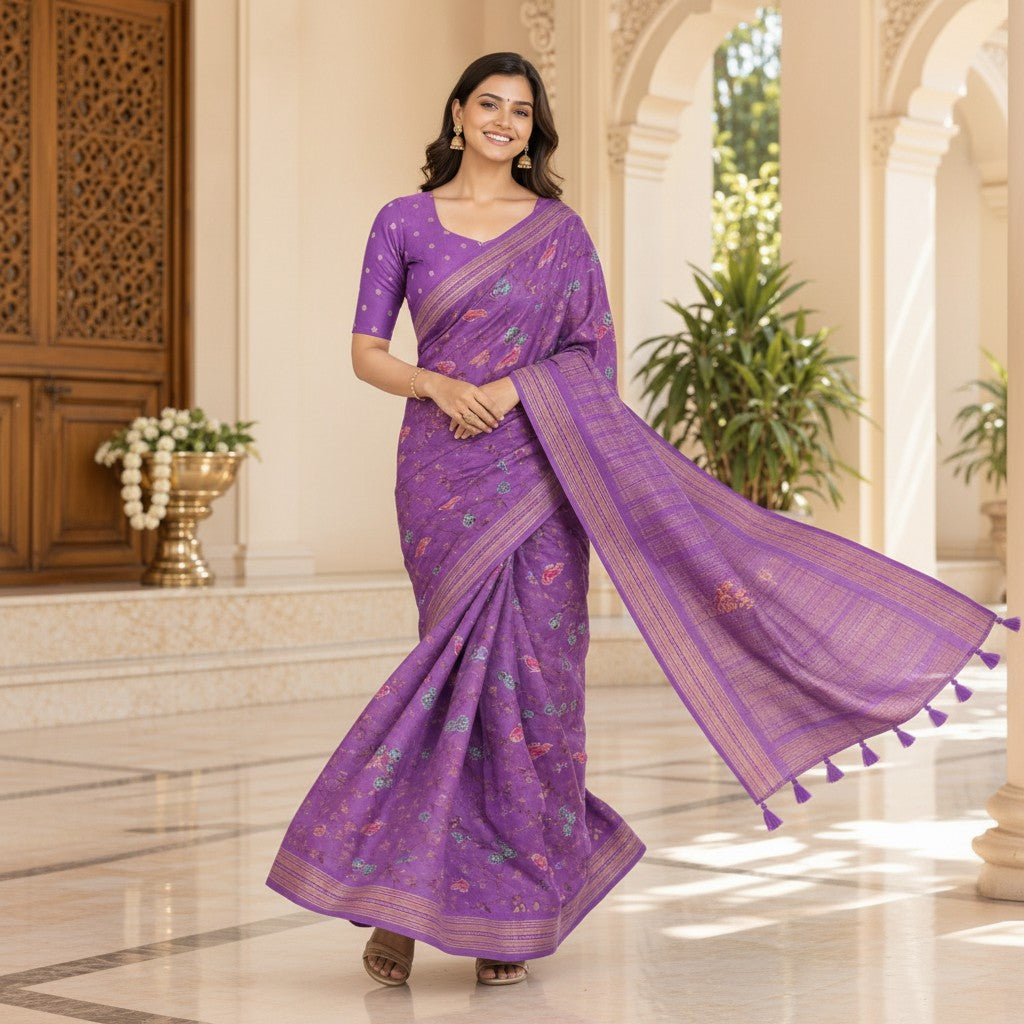 Purple Floral & Bird Motif Saree with Woven Pallu & Tassel Detailing