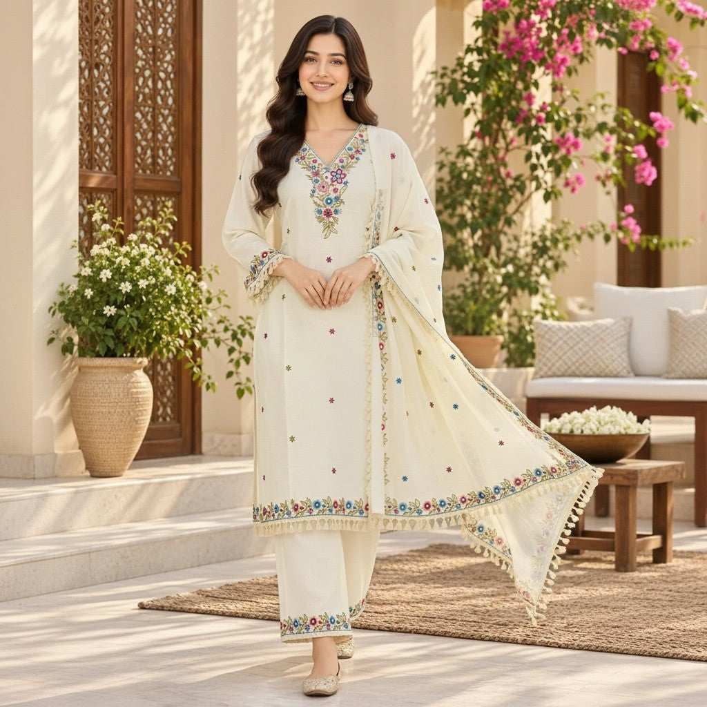 Ivory Floral Embroidered Kurti Set
