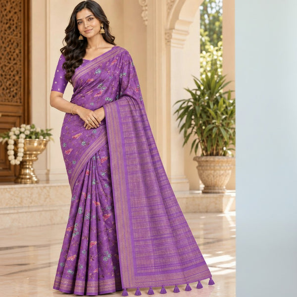 Purple Floral & Bird Motif Saree with Woven Pallu & Tassel Detailing