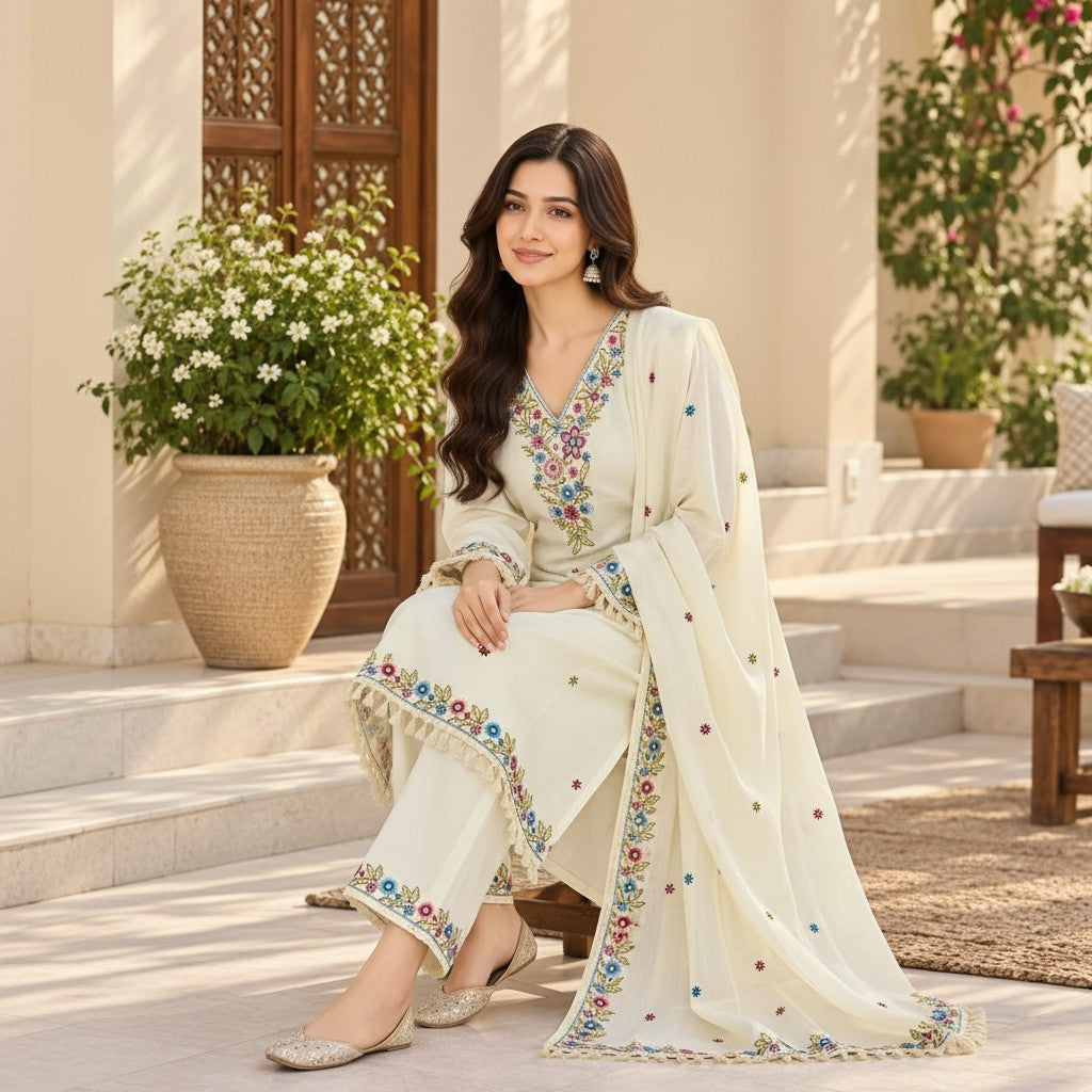 Ivory Floral Embroidered Kurti Set
