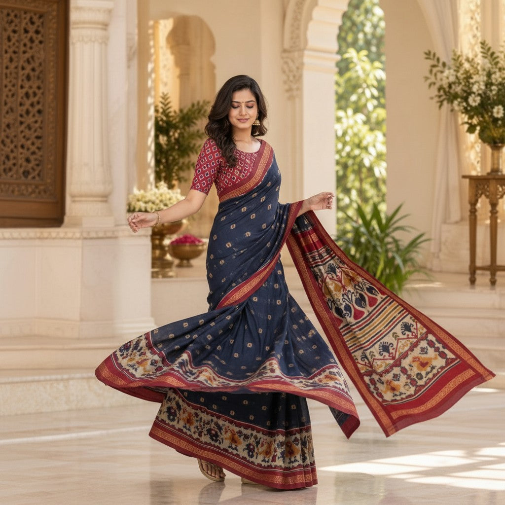 Navy Blue Handloom Saree with Ikat-Inspired Pallu & Maroon Gold Border