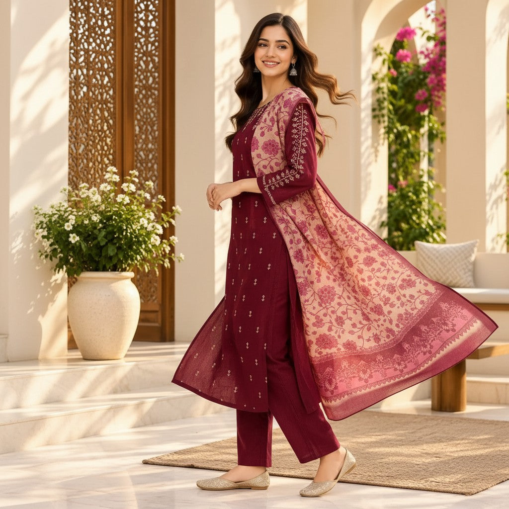 Burgundy Floral Dupatta Kurti Set