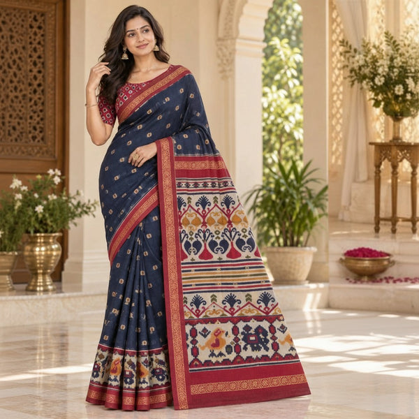 Navy Blue Handloom Saree with Ikat-Inspired Pallu & Maroon Gold Border