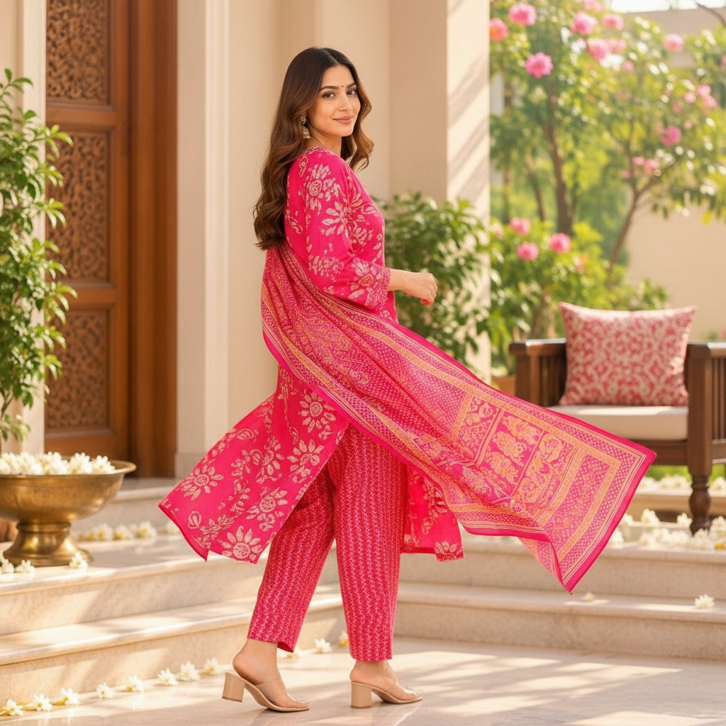 Fuchsia Pink Floral Printed Kurti Set