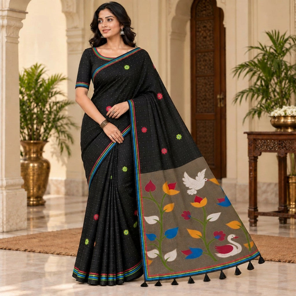 Elegant Black Handloom Saree with Multicolour Floral Motifs & Artistic Pallu