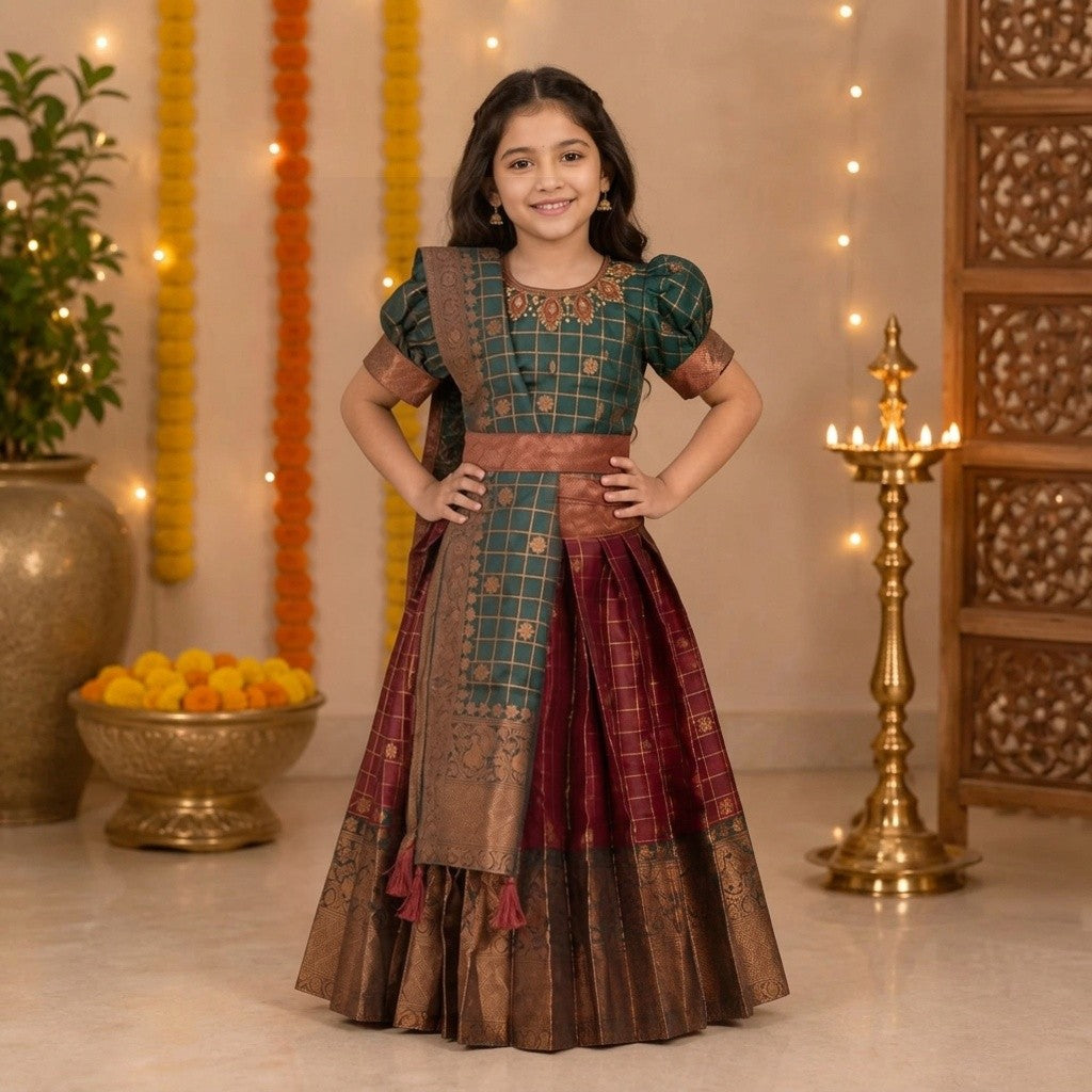 Kids Teal & Maroon Traditional Lehenga Set with Rich Zari Border