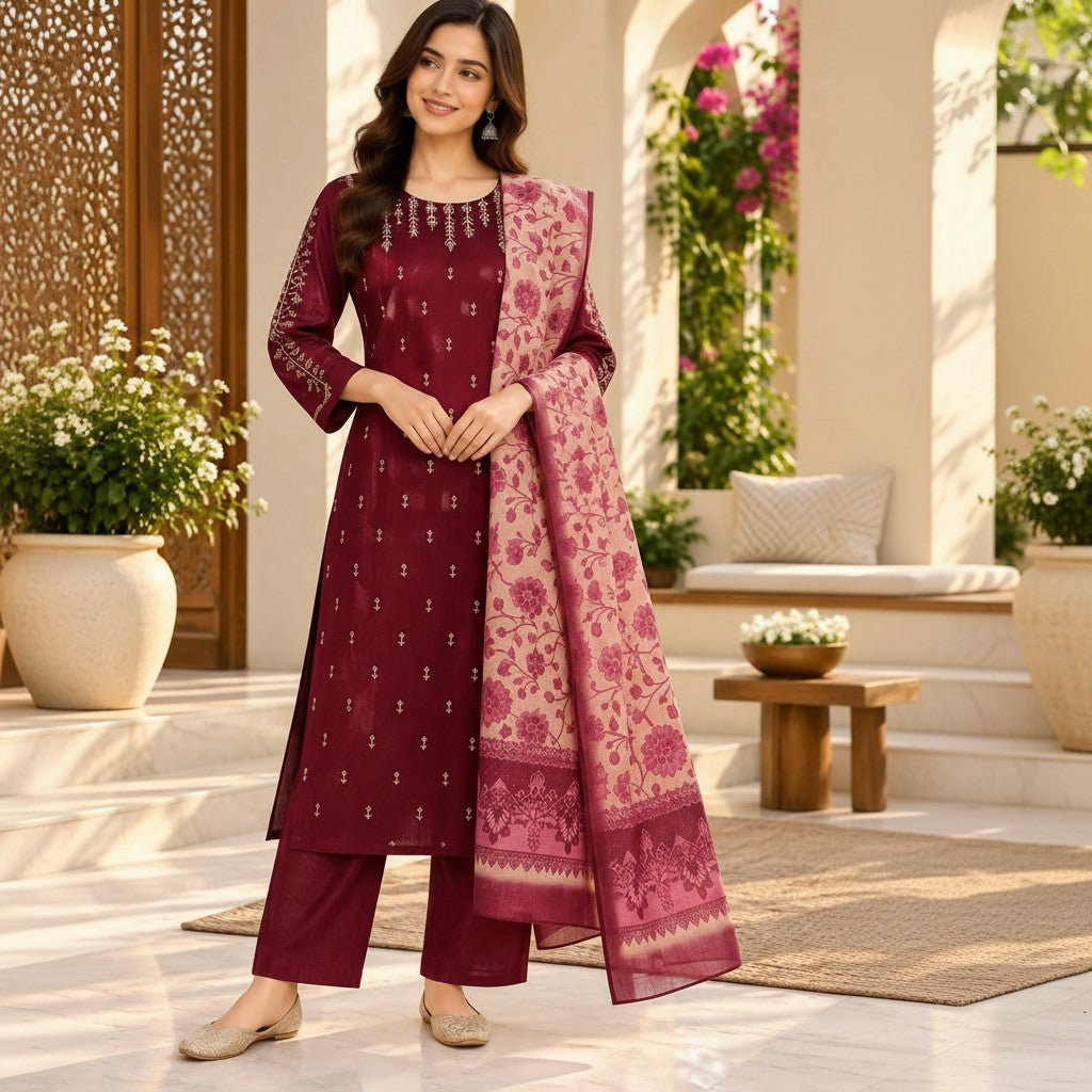 Burgundy Floral Dupatta Kurti Set