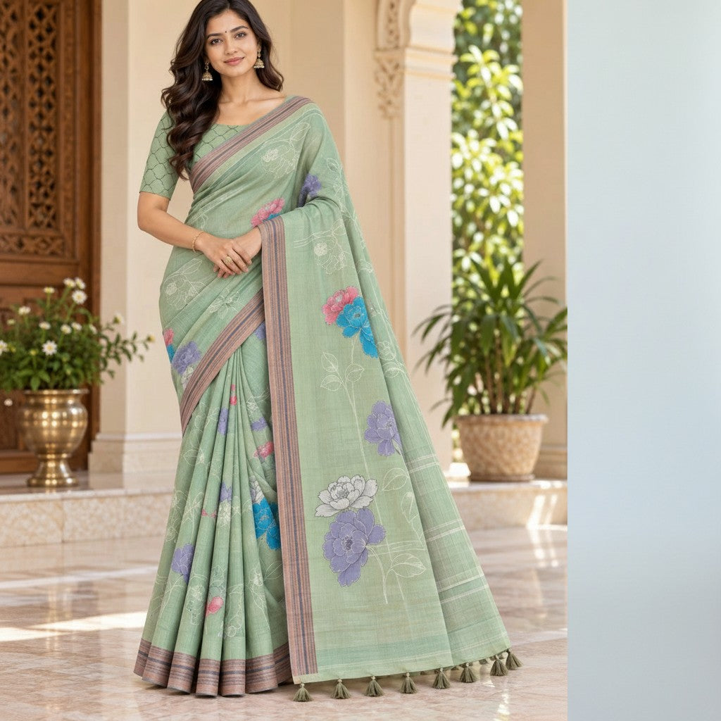 Sage Green Floral Printed Saree with Geometric Pattern Blouse & Tassel Pallu
