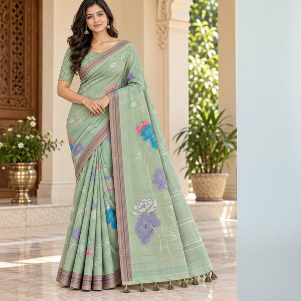 Sage Green Floral Printed Saree with Geometric Pattern Blouse & Tassel Pallu