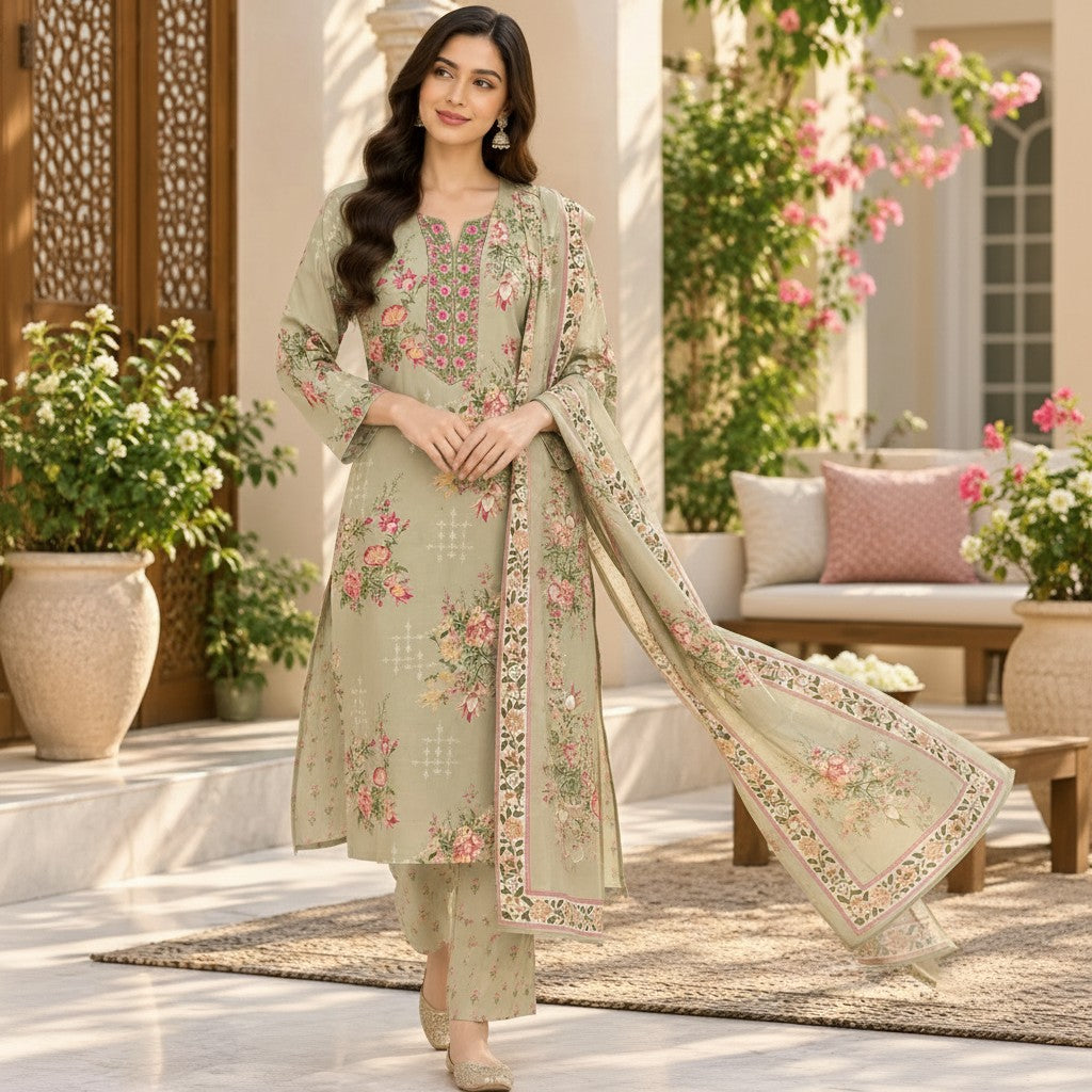 Sage Green Floral Kurti Set