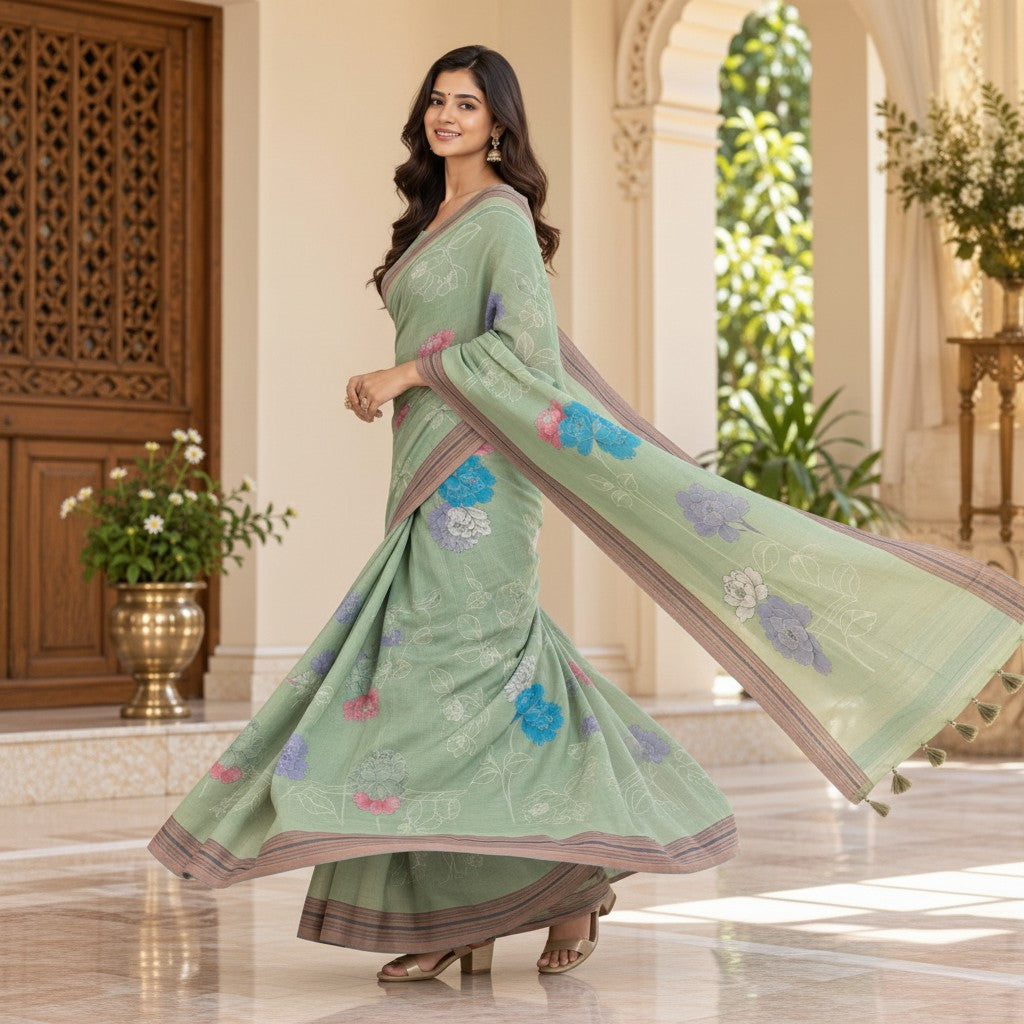 Sage Green Floral Printed Saree with Geometric Pattern Blouse & Tassel Pallu