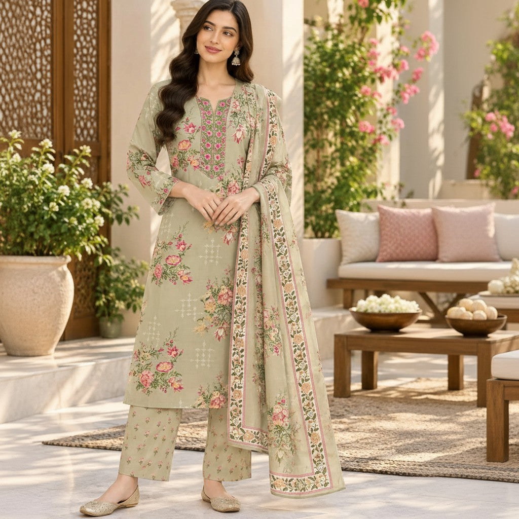 Sage Green Floral Kurti Set