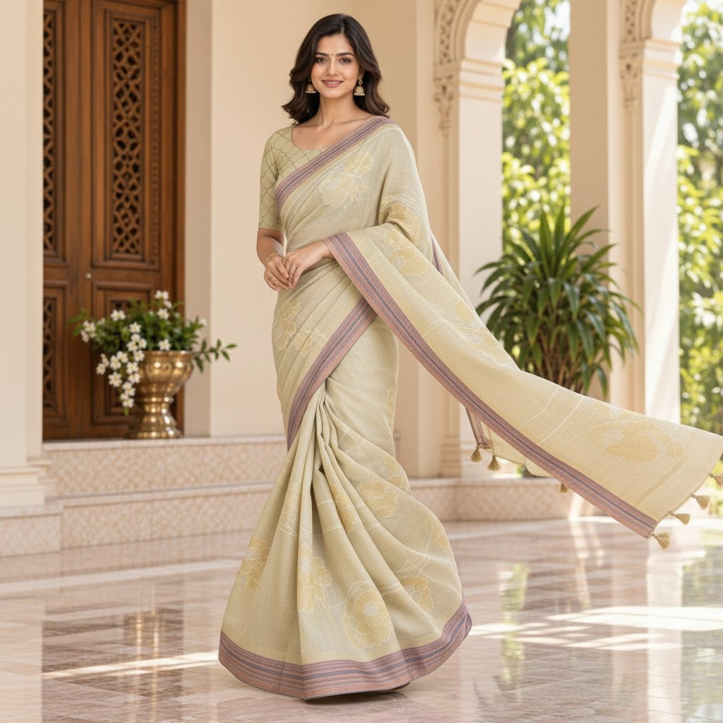 Elegant Cream Floral Woven Saree with Self-Design Blouse & Tassel Pallu