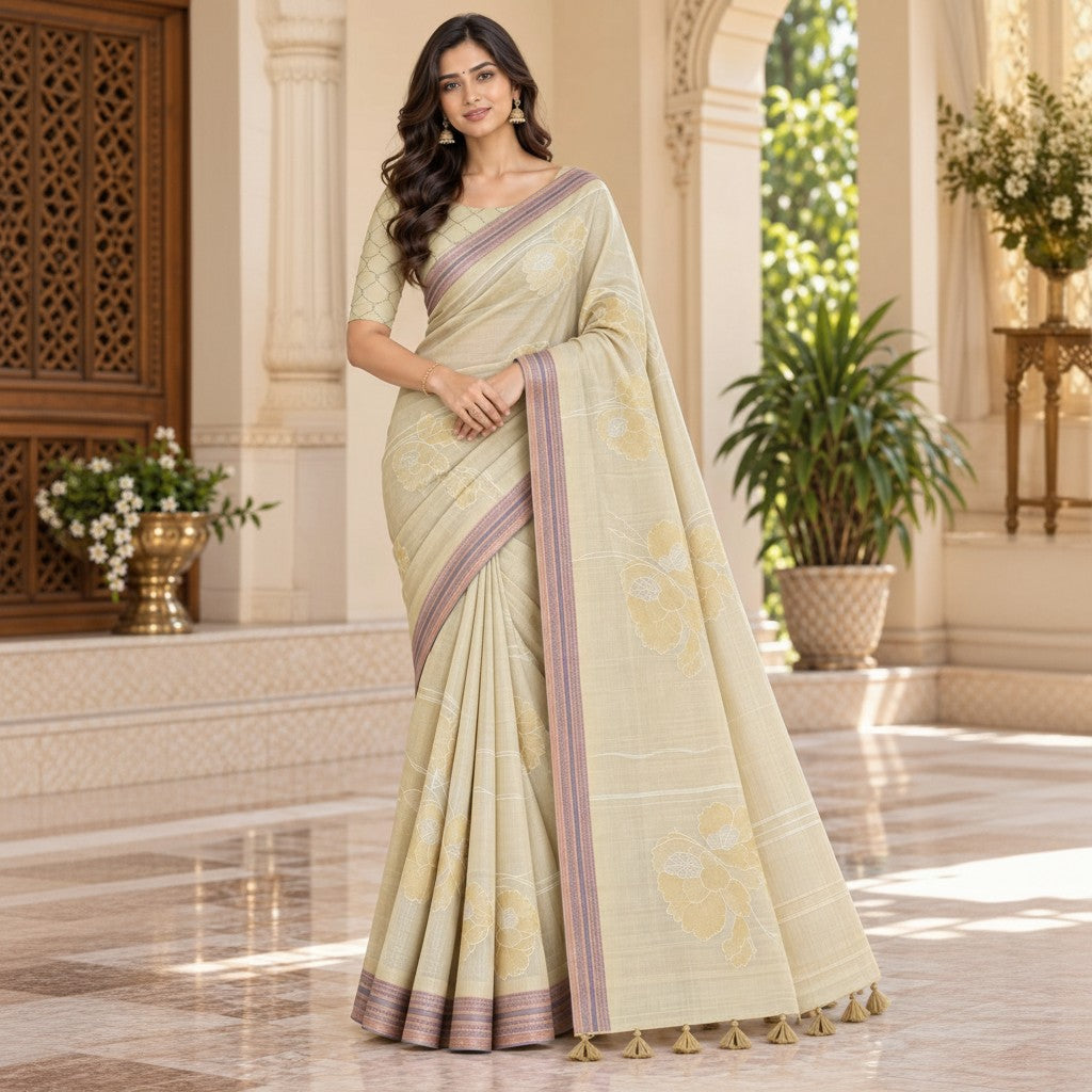 Elegant Cream Floral Woven Saree with Self-Design Blouse & Tassel Pallu