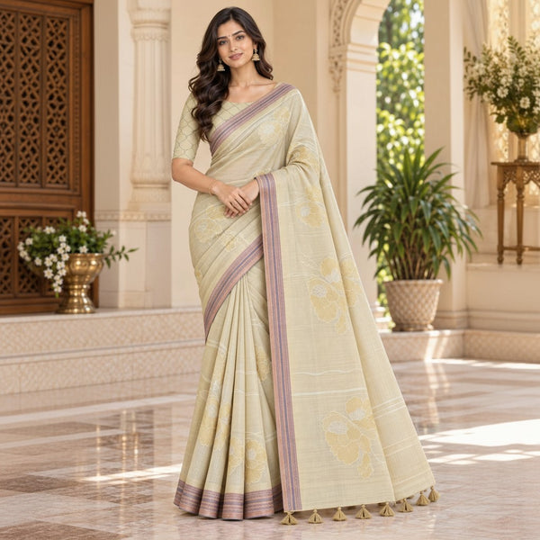 Elegant Cream Floral Woven Saree with Self-Design Blouse & Tassel Pallu
