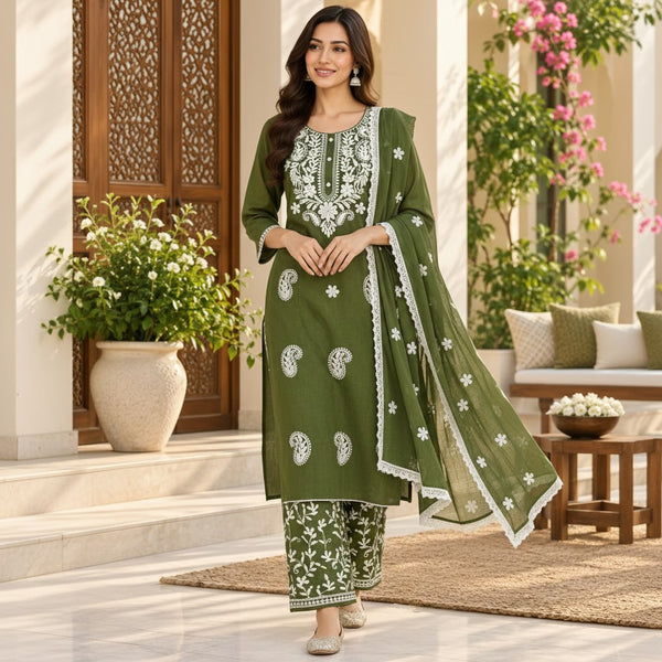Olive Green Embroidered Kurti Set