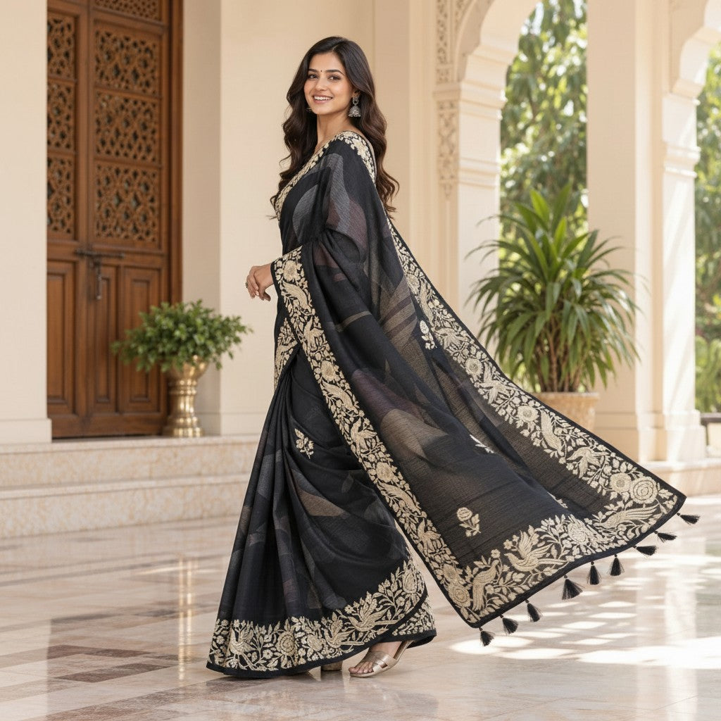 Elegant Black Saree with Ivory Floral Embroidery & Designer Pallu