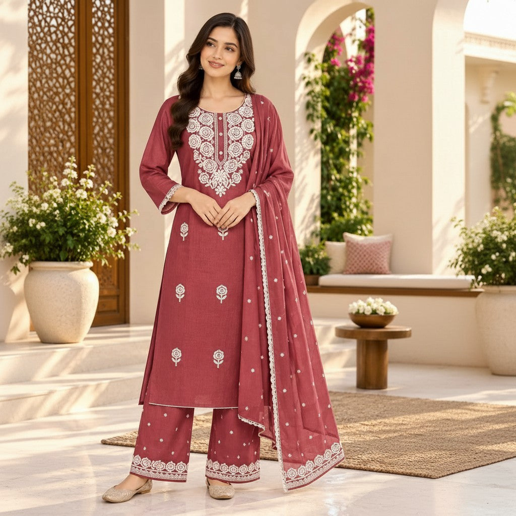 Dusty Rose Embroidered Kurti Set