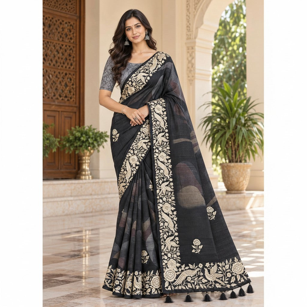 Elegant Black Saree with Ivory Floral Embroidery & Designer Pallu