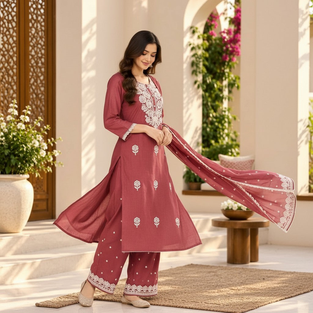 Dusty Rose Embroidered Kurti Set