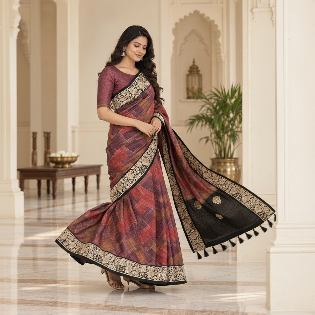 Elegant Maroon & Plum Geometric Printed Saree with Black Floral Embroidered Border & Pallu