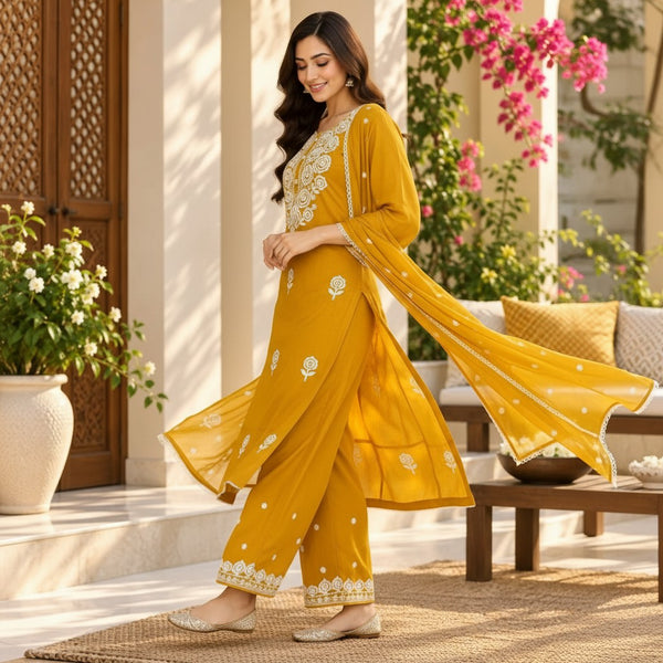 Mustard Gold Embroidered Kurti Set