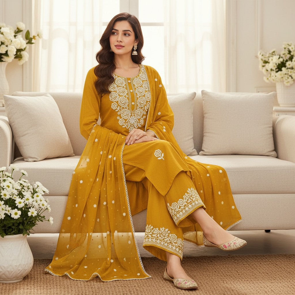 Mustard Gold Embroidered Kurti Set