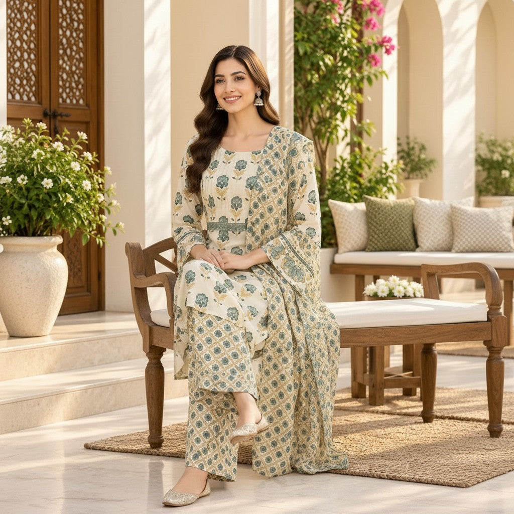 Ivory Floral Kurti Set