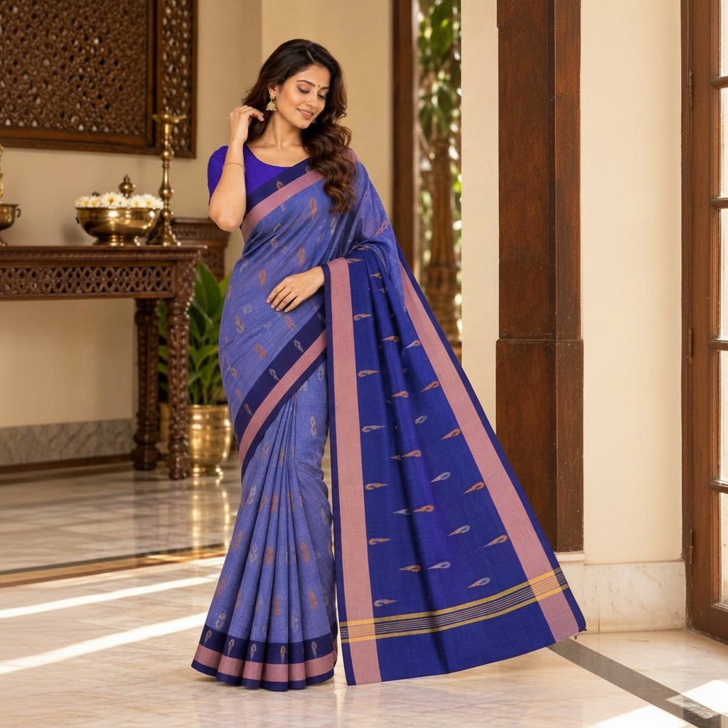 Royal Blue Saree with Mauve Borders and Elegant Woven Motifs