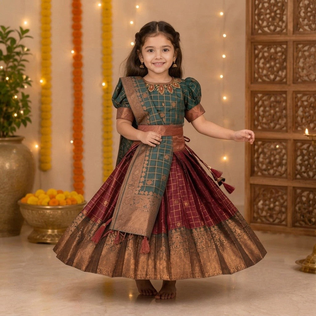 Kids Teal & Maroon Traditional Lehenga Set with Rich Zari Border