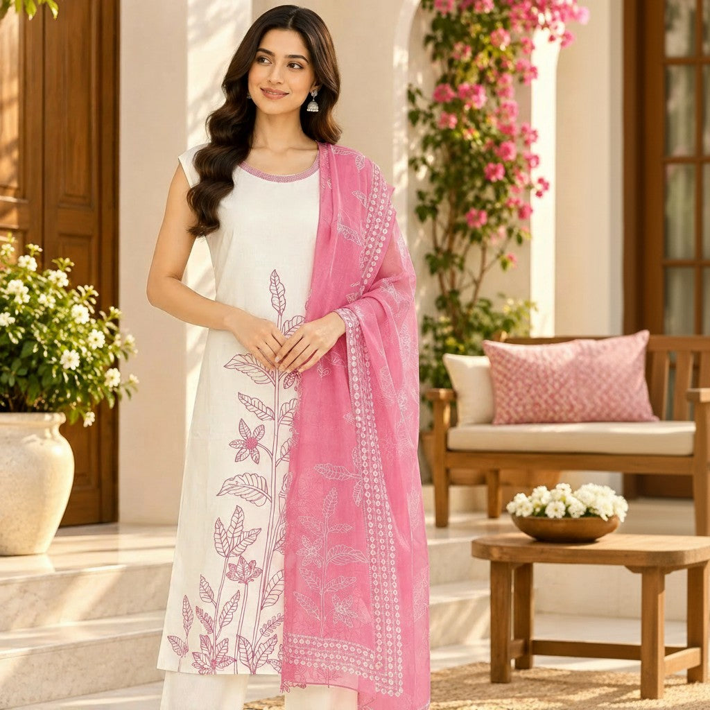 Ivory & Blush Pink Floral Kurti Set