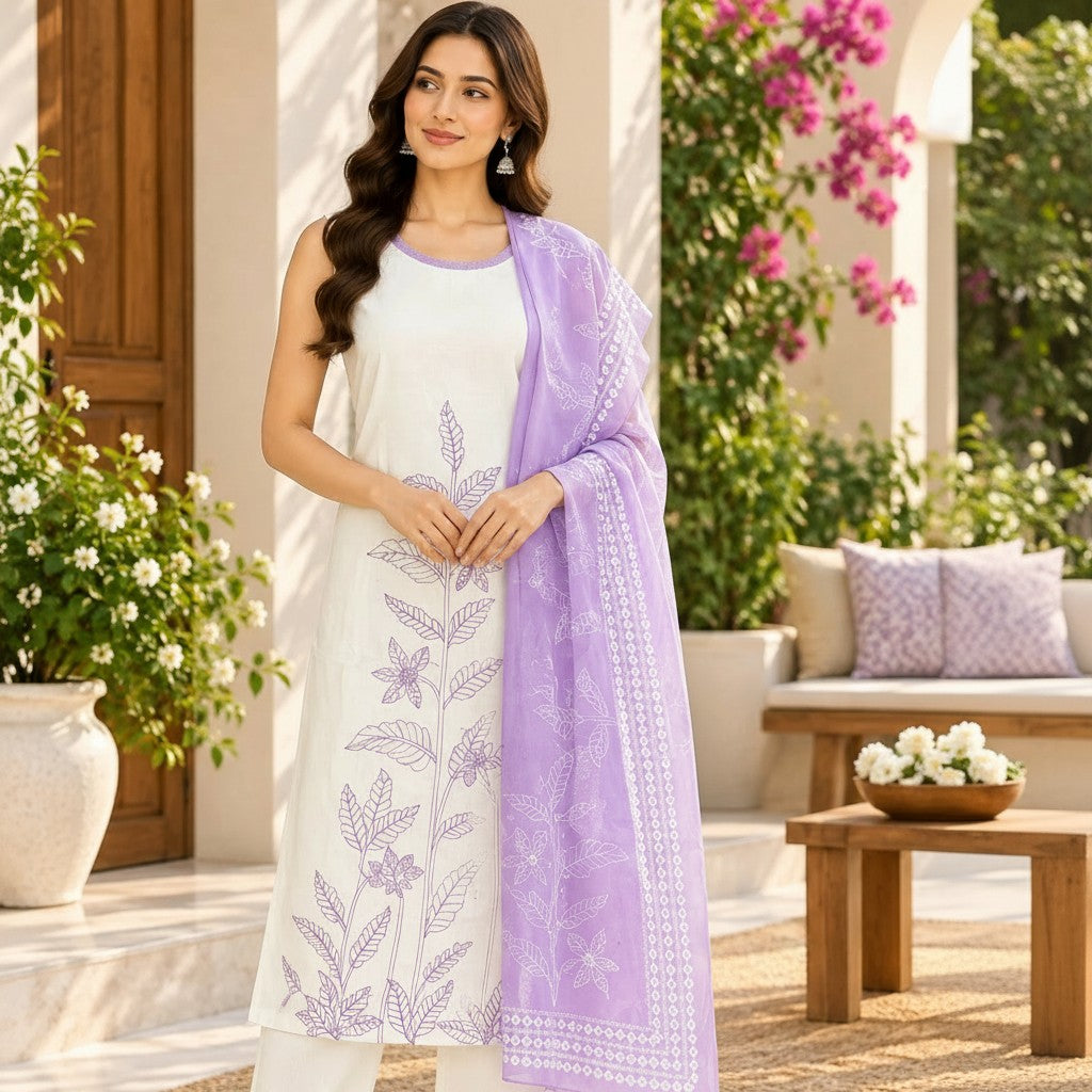 Lavender Bloom Floral Kurti Set
