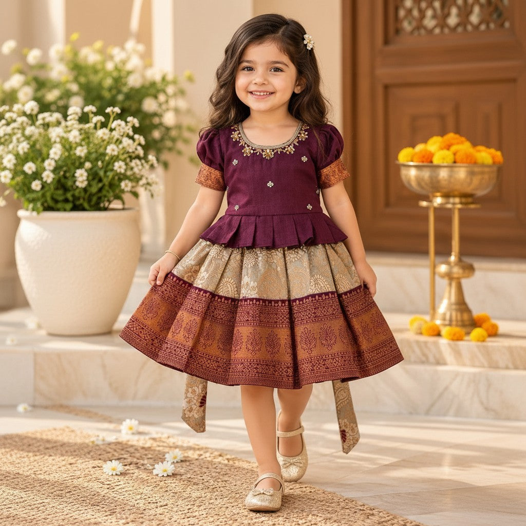 Kids Plum & Gold Traditional Frock