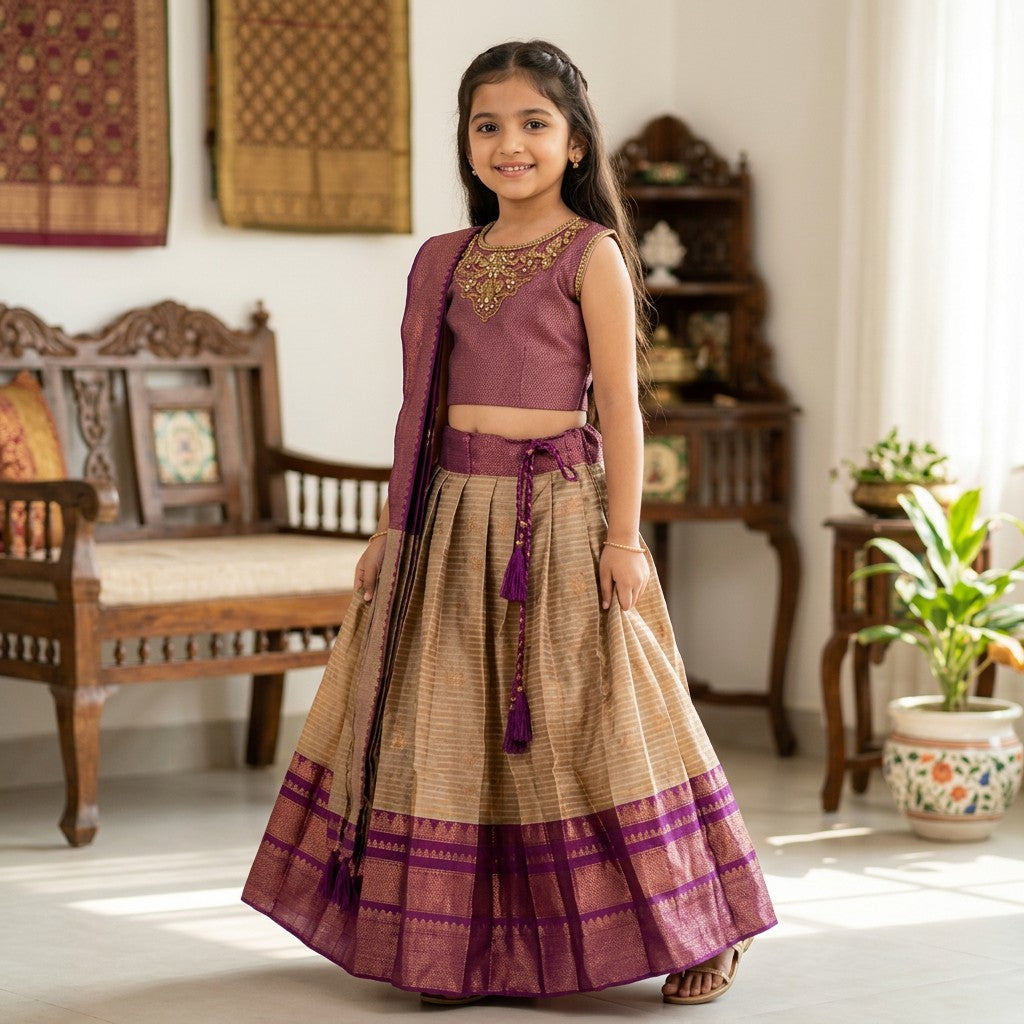 Kids Beige & Purple Traditional Lehenga Set with Zari Border