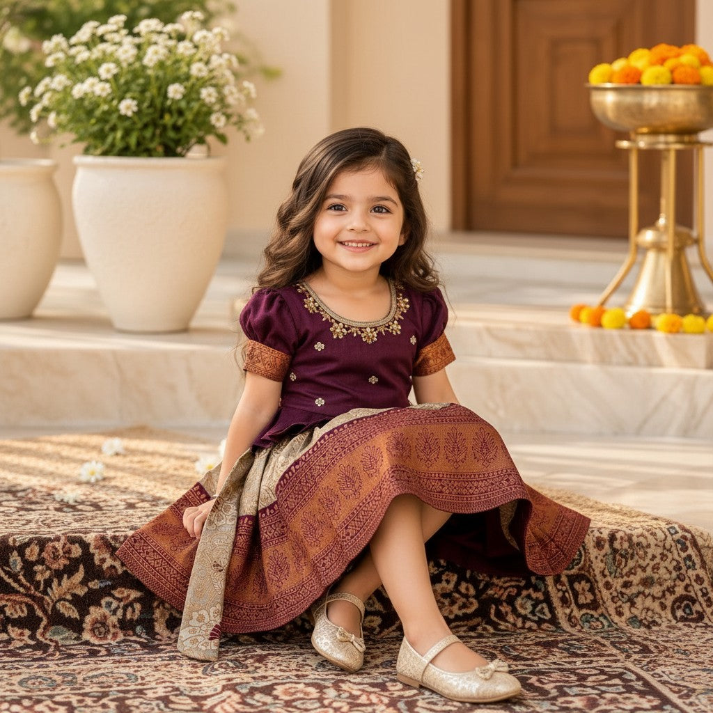 Kids Plum & Gold Traditional Frock