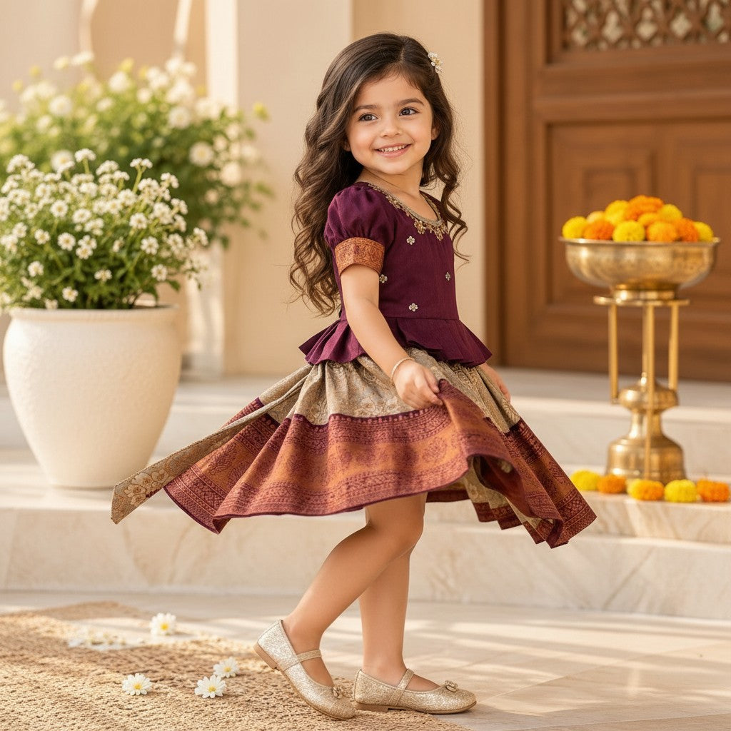 Kids Plum & Gold Traditional Frock