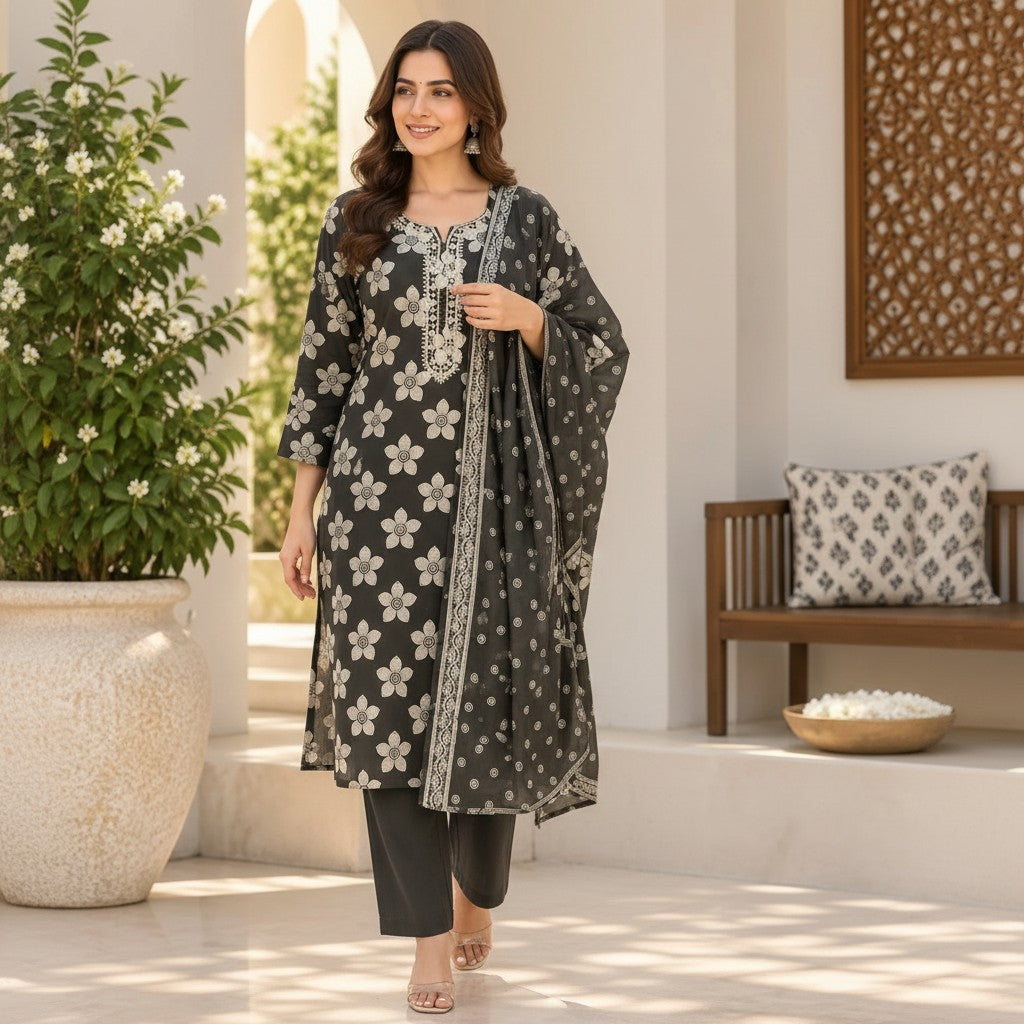 Charcoal Bloom Printed Kurti Set
