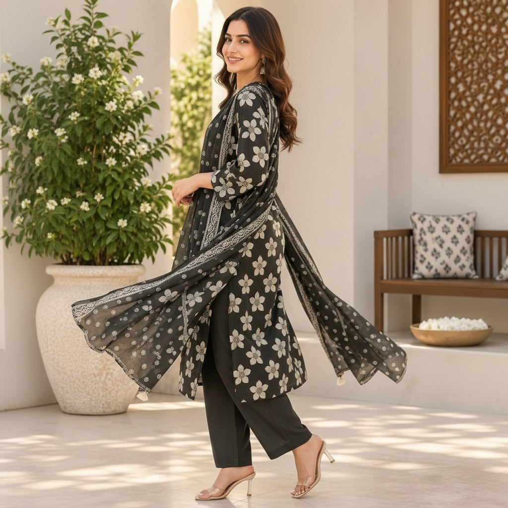 Charcoal Bloom Printed Kurti Set