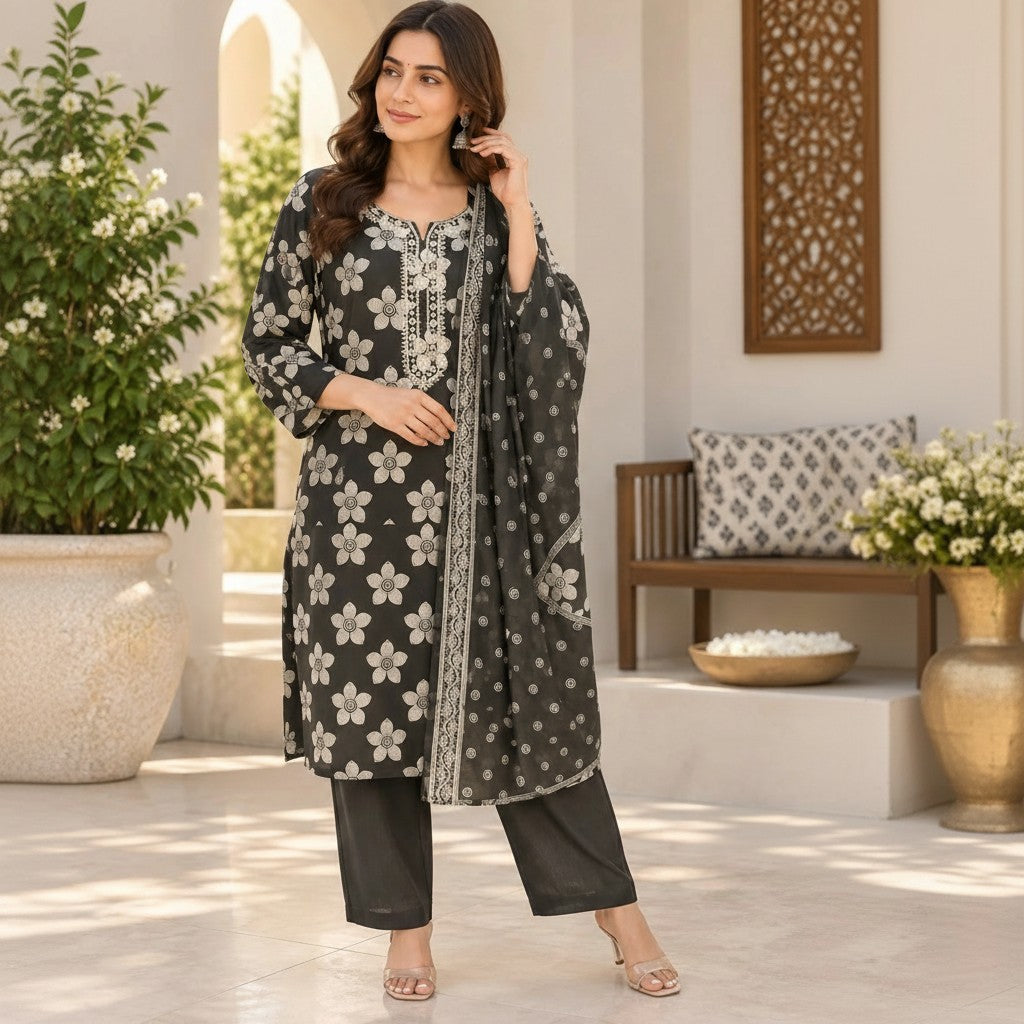 Charcoal Bloom Printed Kurti Set