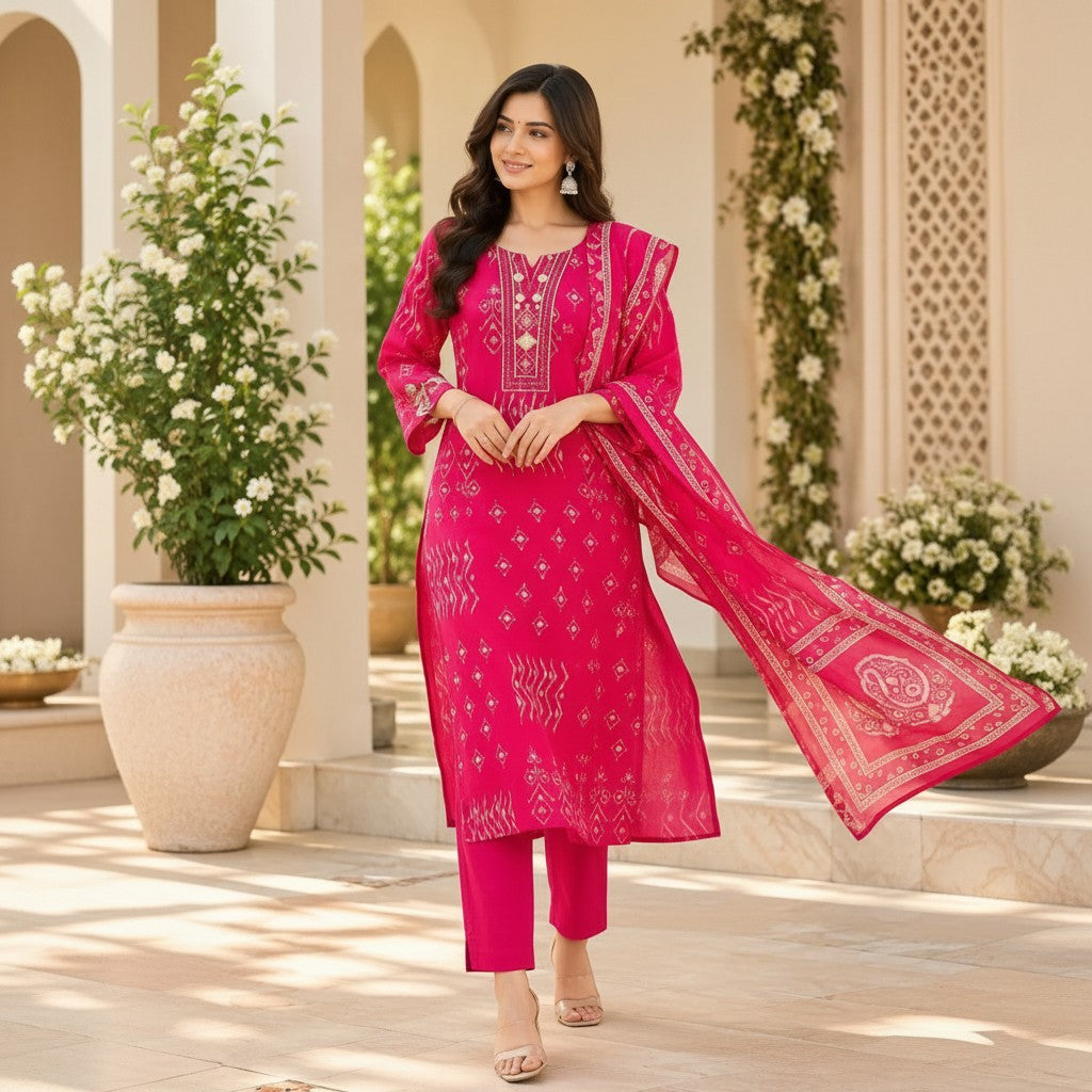 Fuchsia Bloom Printed Kurti Set