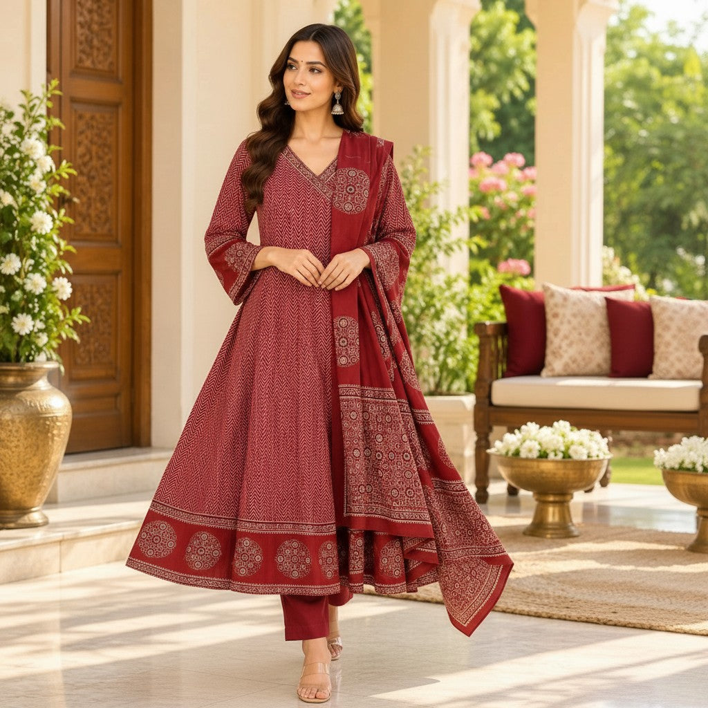 Maroon Printed Kurti Set with Dupatta