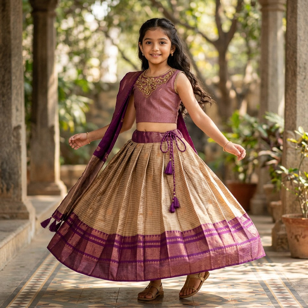 Kids Beige & Purple Traditional Lehenga Set with Zari Border